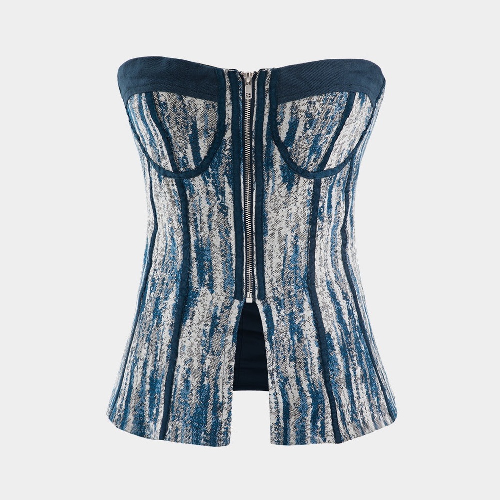 NWOT Micas Corset Steel Blue Cotton Abstract tube bustier bralette tailored L